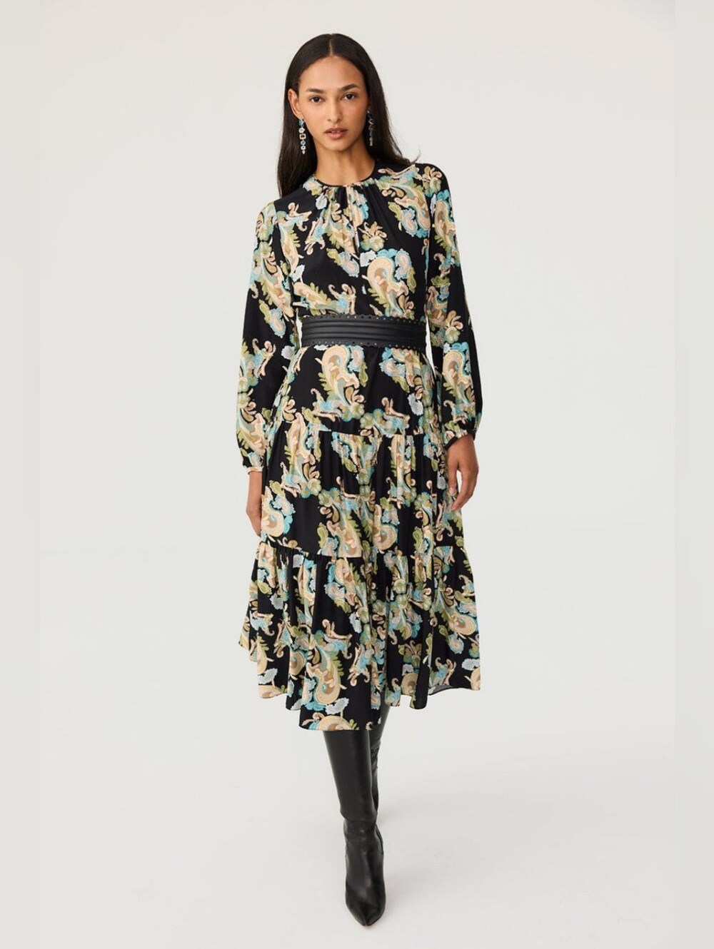 Charlotte Brody Keyhole Midi Dress, Small 100% Silk Long Sleeve Drop Waist